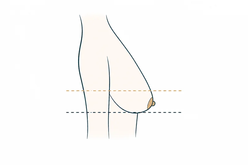 Hängebrust Grad 2: Illustration einer moderaten Ptosis – Brustwarze unterhalb der Unterbrustfalte