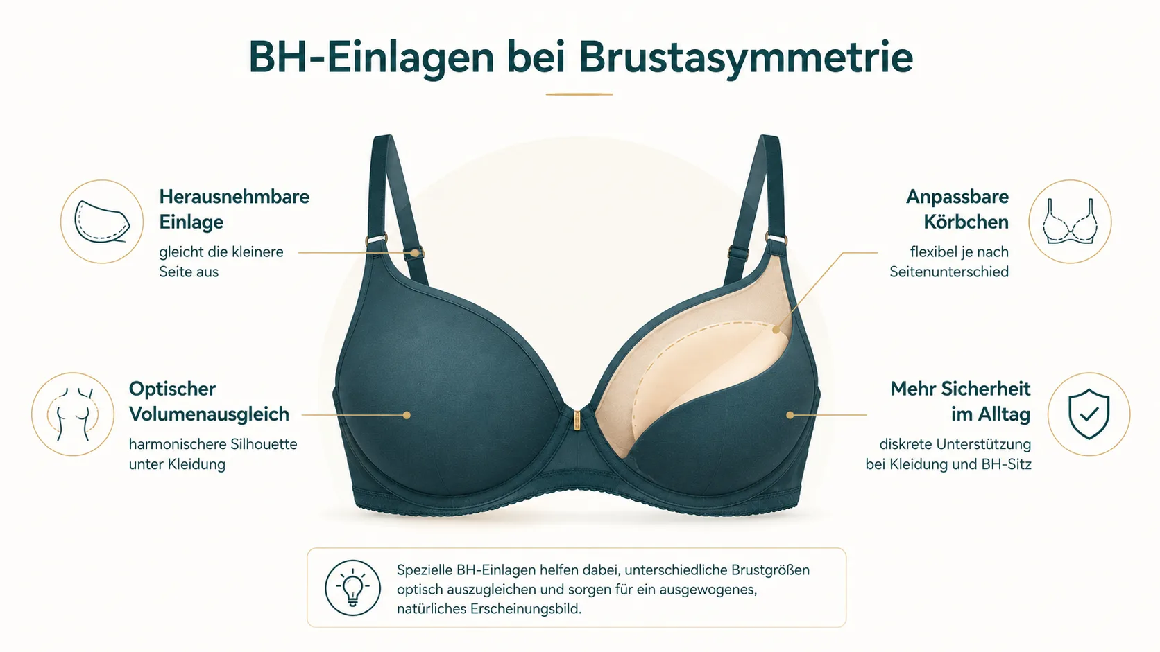 Infografik: BH-Einlagen bei Brustasymmetrie mit herausnehmbarer Einlage, anpassbaren Körbchen und optischem Volumenausgleich